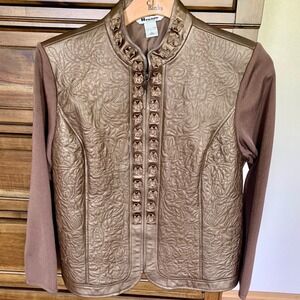 Nygard Collection Bronze Leather Quilted Embroidered Floral Zip Jacket Womens XL